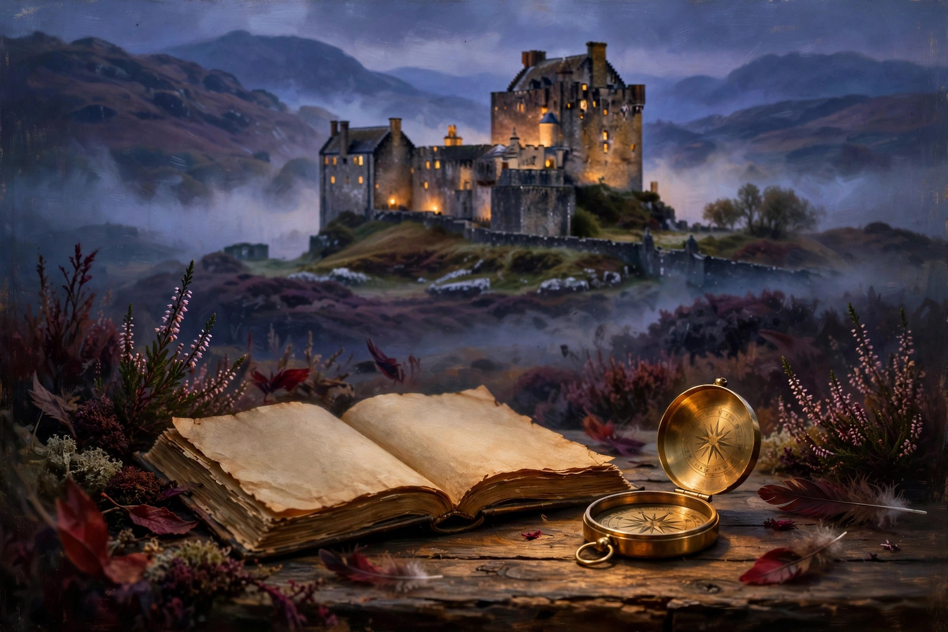 Author background illustration set near Scottish castle backdrop