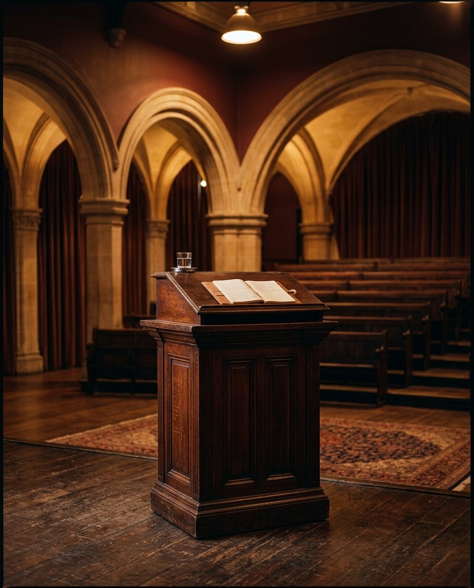 Historic mahogany lectern under spotlight