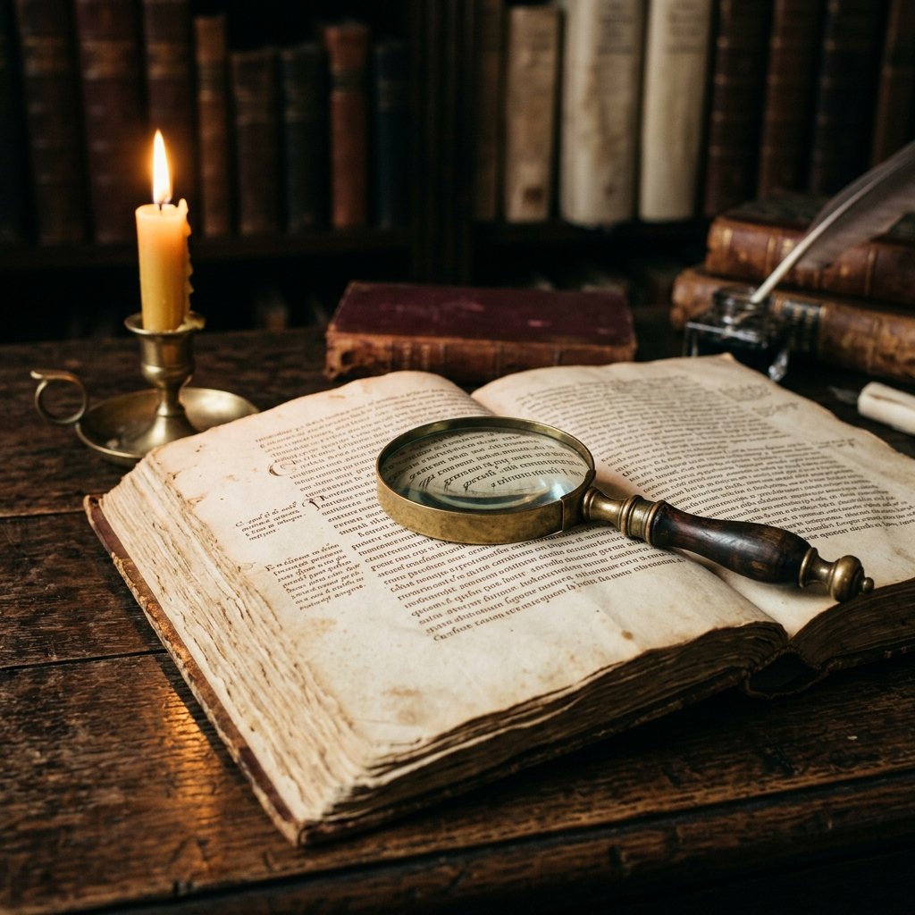 Academic research manuscript with brass magnifying glass