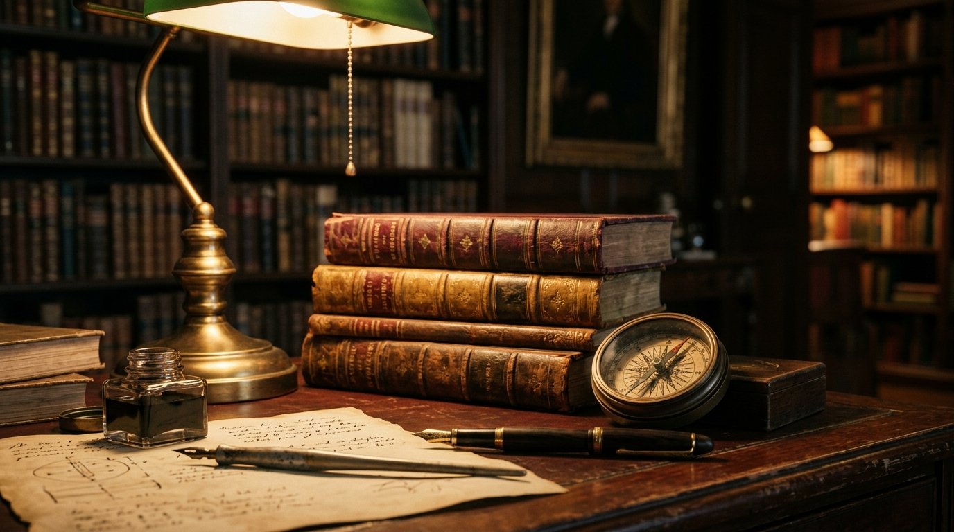 Classical scholarly desk with manuscript and brass compass