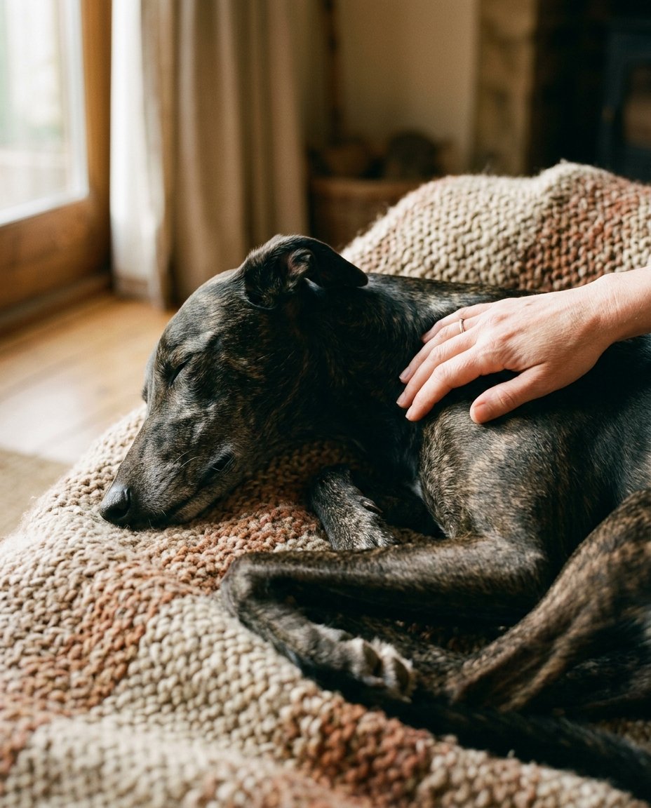 Gentle hand petting resting rescued sighthound